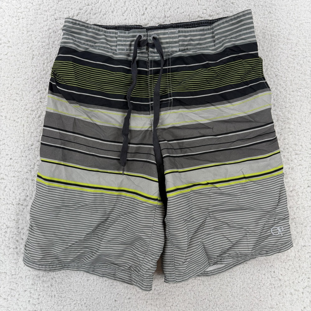 Op Swim Shorts Mens Medium Gray Stripe Trunks Mesh Lined Zip Pocket DM1820ZV